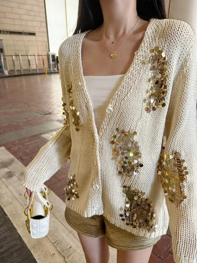 High Quality Cotton Knitted Single Breasted Cardigan Women Autumn Long Sleeve Sequined Patchwork V Neck Sweater Jacket Tops N76