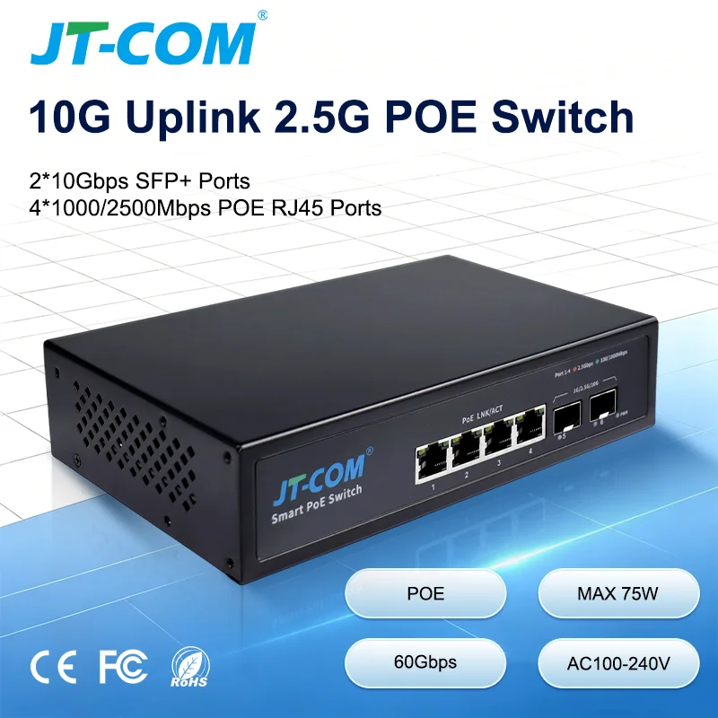 10G Uplink 2.5G PoE Switch 4 Port 2.5GBASE-T 2*10G SFP+ Slot 75W IEEE802.3af/at for WiFi 6e AP,VoIP Phone,SurveillancePOE Camera