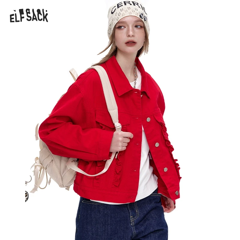 ELFSACK 2025 Spring New Arrivals Y2K Washed Ruffles Short Denim Jacket Women Button Up Cropped Womens Lightweight Coats