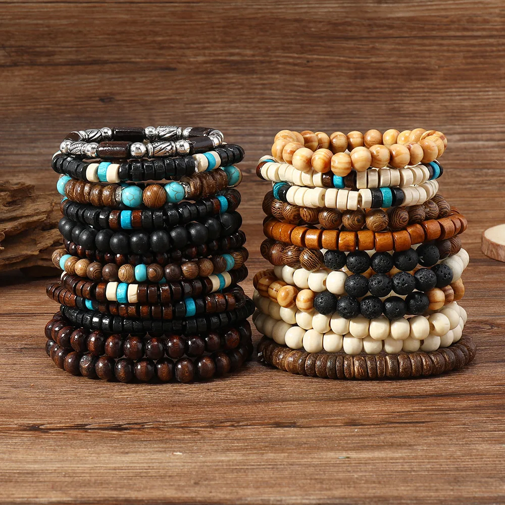 23pcs Set Vintage Style Bohemian Wooden Beaded Bracelets Synthetic Turquoise Volcanic Stone Beads Fashionable Stacking Bracelet