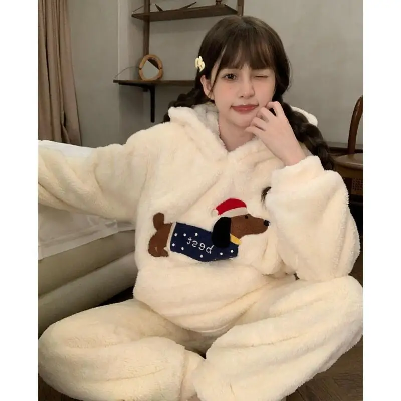 New Winter Women's Pajama Set Girl Nightwear Dachshund Cartoon Flannel Cute Coral Fleece Cozy Warm Loungewear Sleepwear