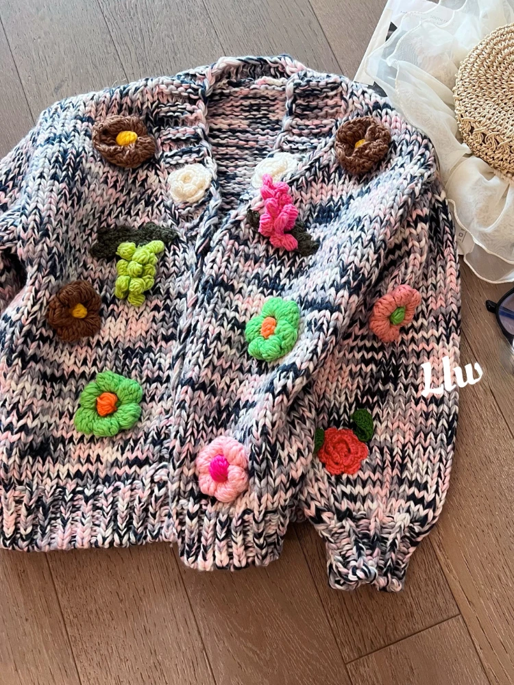 Handmade Women Floral Chunky Sweater 2024 Winter Fall Vintage Cardigan Women Niche Design Outfit