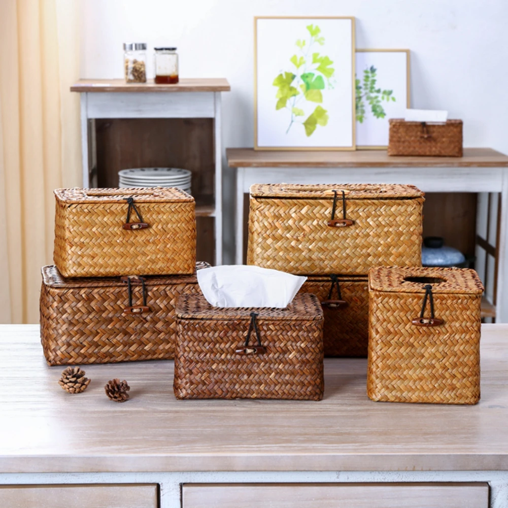 Straw Tissue Box Handmade Woven Rattan Napkin Holder Box Roll Paper Tray Car Living Room Storage Box Home Decor