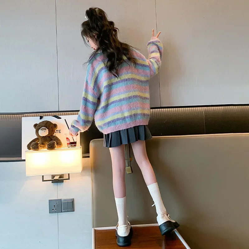 

Korean Autumn Winter Children Girl Cardigan Top Teenager Girl Striped Lace Single-breasted Sweaters Junior Girl Warm Kintwears