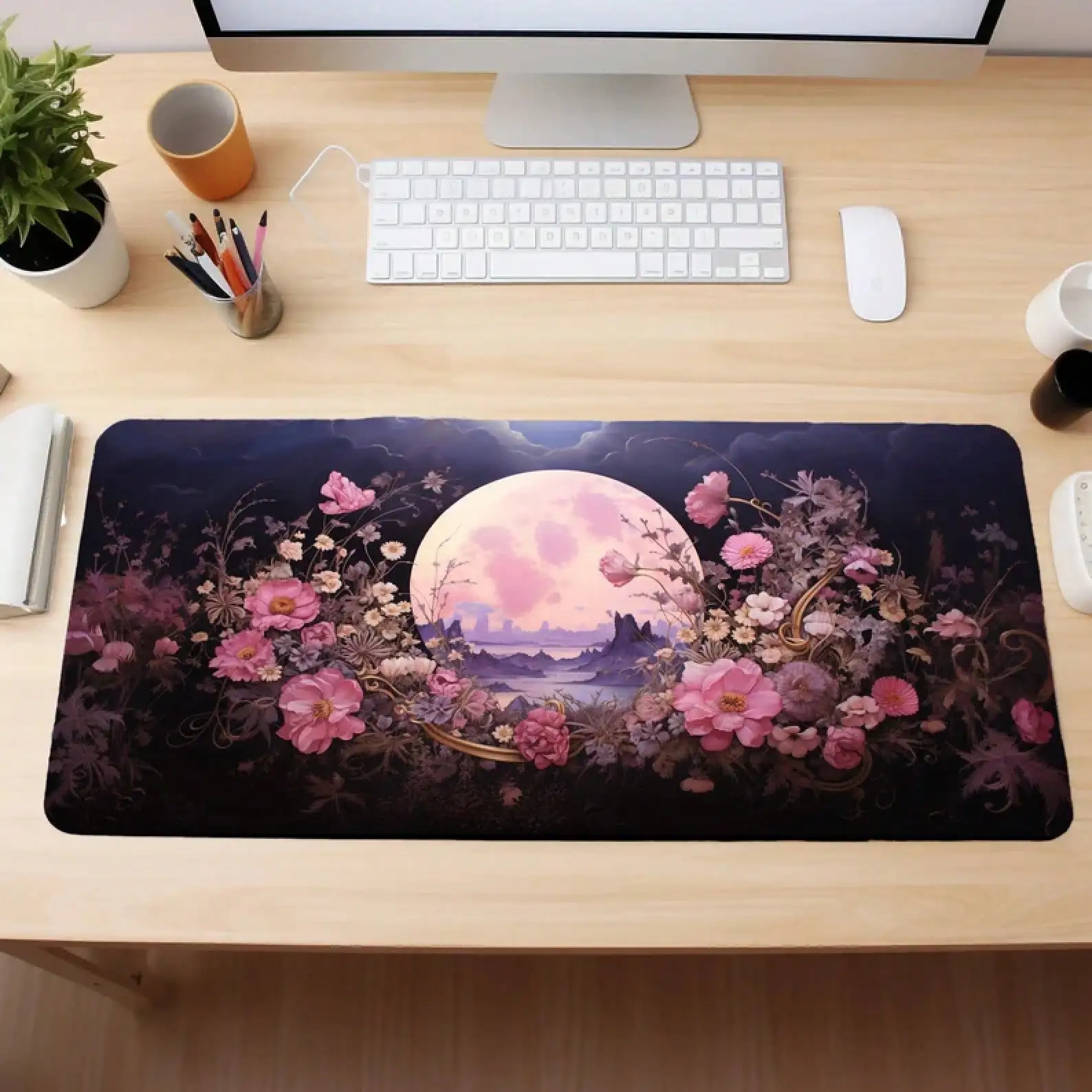 Fantasy Pink Lunar Wildflower Desk Mat, Cute Desk Decor, Moon Mousepad, Pink Mouse Pad, Aeshetic Desk Pad, Lofi Gaming Mat(Flat Edge) Non-Slip Office Mouse Pad Large Size