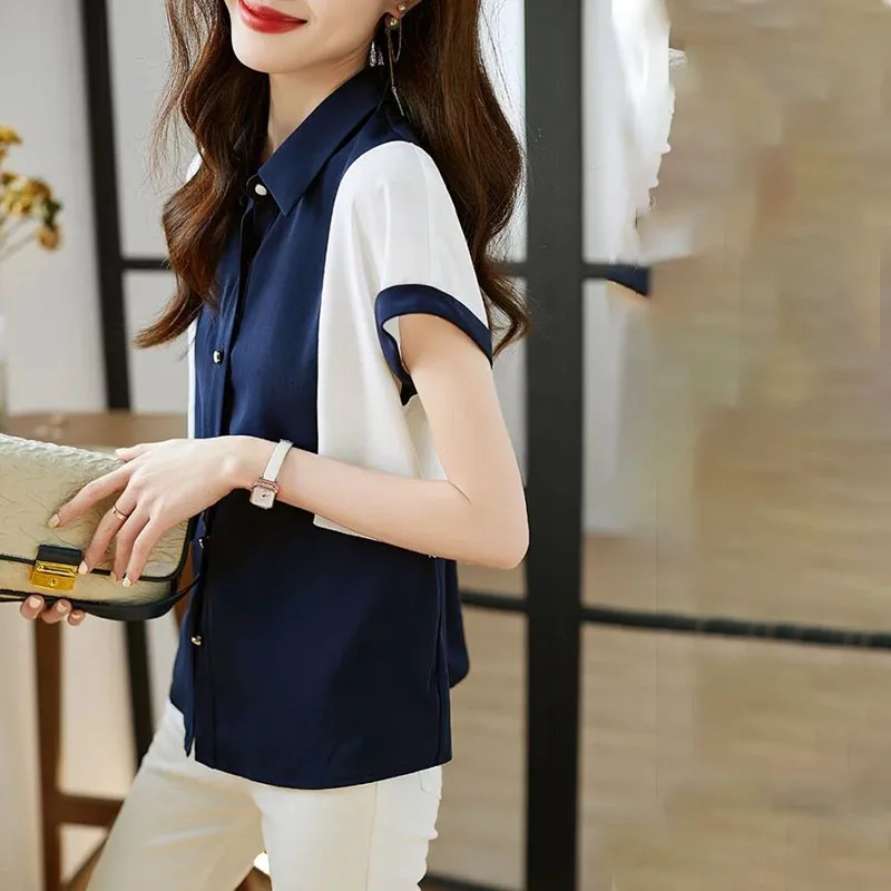 Elegant Women\'s Button Shirt Summer New Fashion Korean Contrasting Colors Spliced Polo-Neck Blouse Short Sleeve Female Clothing