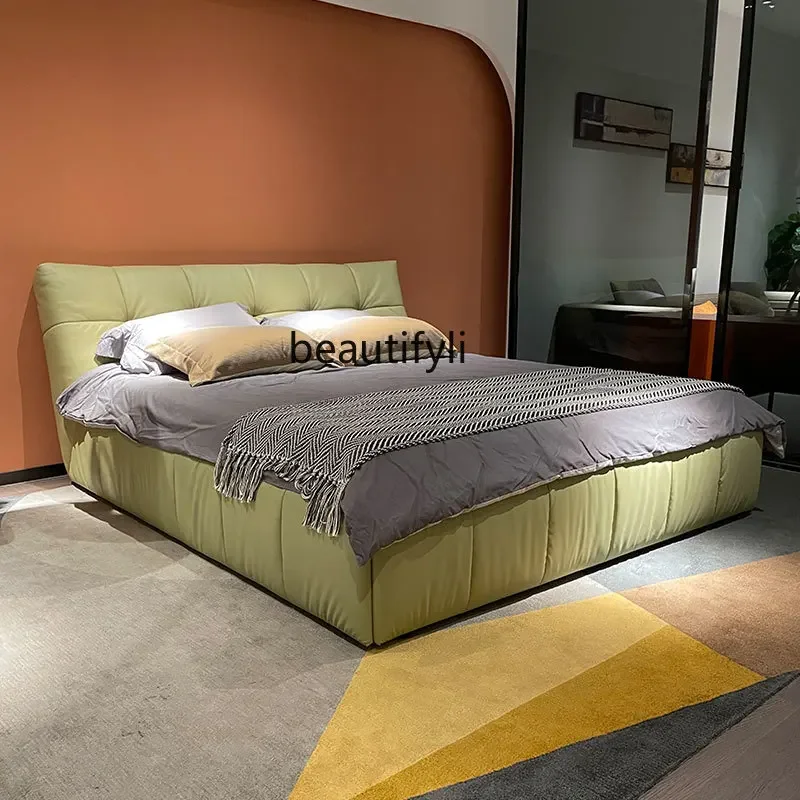 

zqxLeather Double Marriage Bed Mute Bed in Master Bedroom Simple Italian Imported First Layer Cowhide Bed down Soft Bag