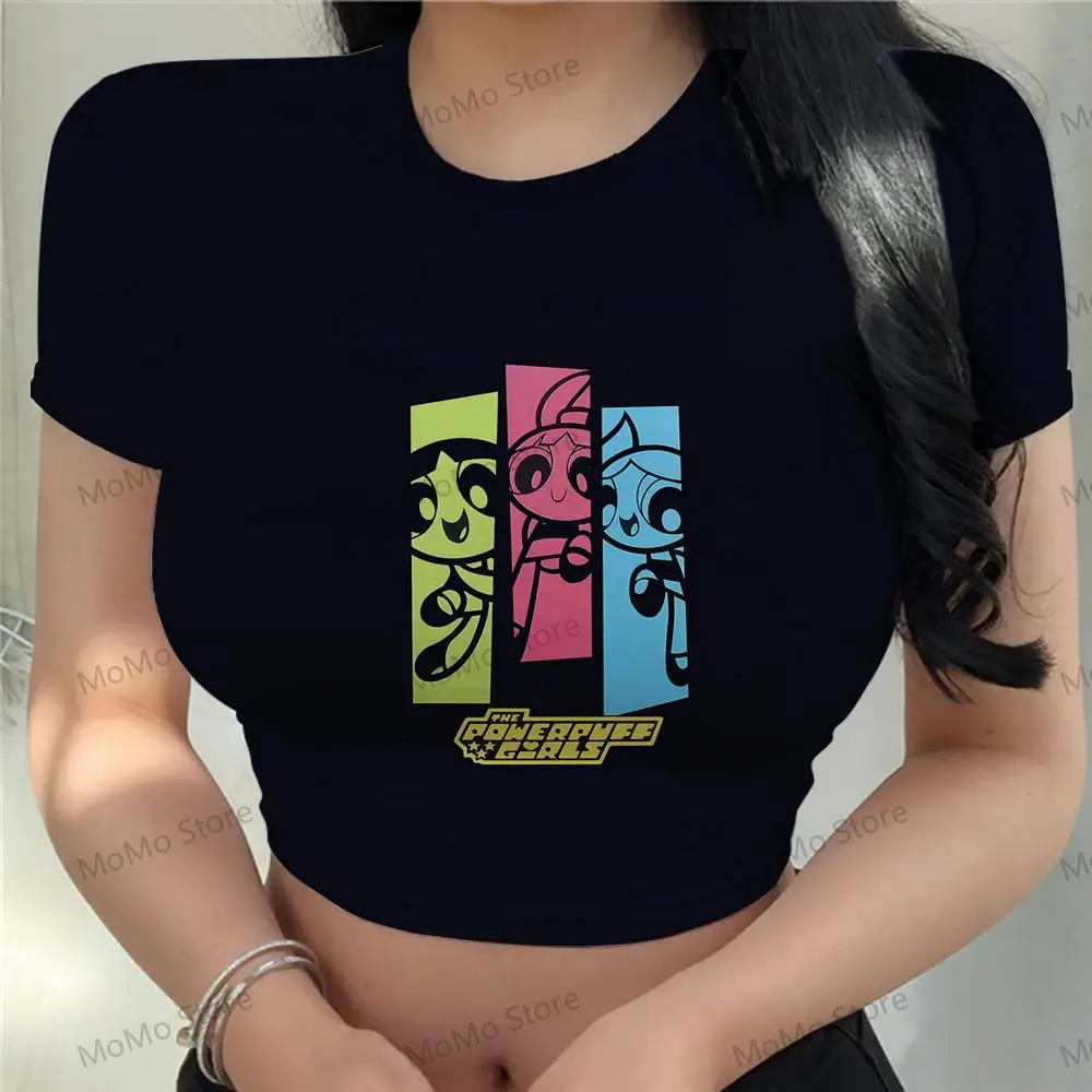 Kawaii Women's Crop Top T-shirt The Powerpuff Girls Cheap Clothes New Clothing Summer XS-3XL Streetwear Ladies Fashion 2024 Sexy