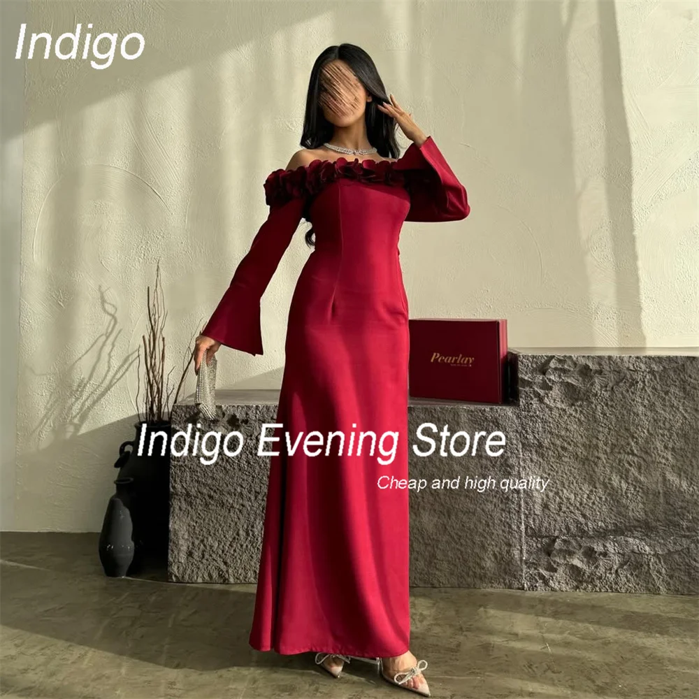 Indigo elegante vestido de noche de sirena de manga larga 2025, flores con hombros descubiertos, vestido de fiesta sin espalda, vestido de fiesta para graduación, personalizado