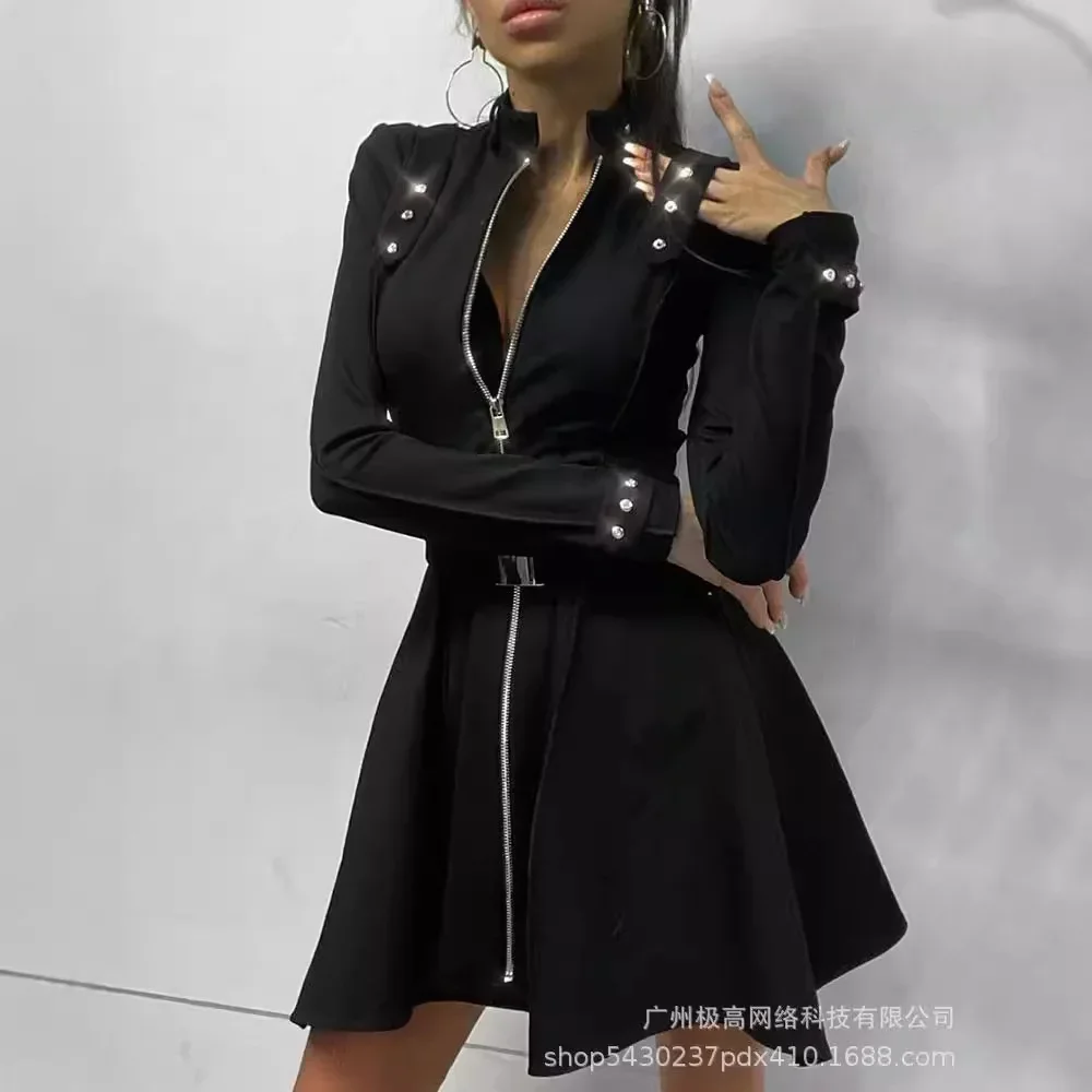 Women Long Sleeves Dress Black Button Zipper High Waist Sexy Mini Dress with Belt