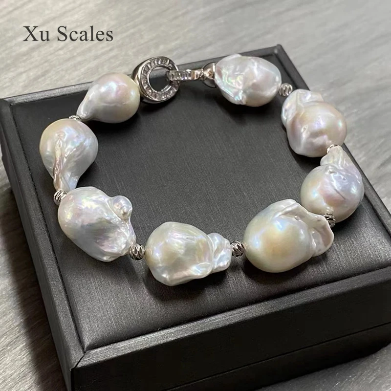 S925 Sterling Silver 100% Natural Freshwater White 15-25mm Super Baroque Pearl Bracelet Fashion Luxury Air Women\'s Jewelry Gift