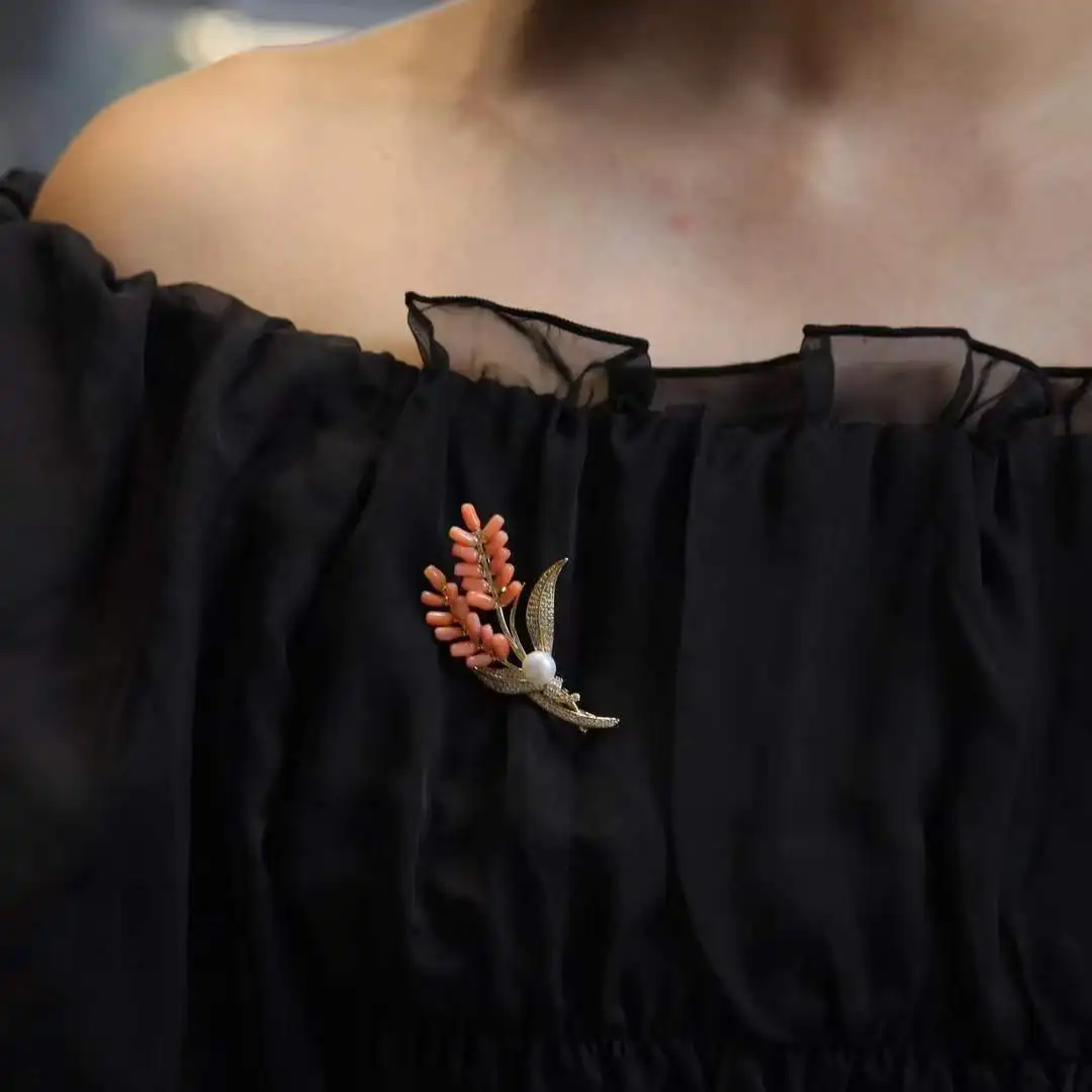 Certified Natural Pink Coral Branch-Clustered Wheat Ear Brooch Exquisite Real Pearl Full CZ Accent Gilded Leaves Pin Women Jewel