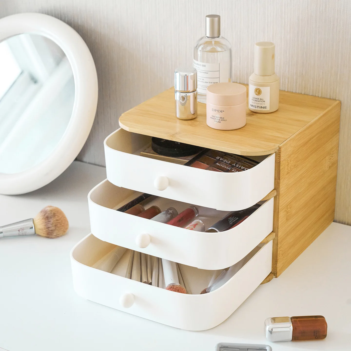 Multi-layer arc drawer storage supplies, bamboo board storage box, living room, guest room, bathroom, tooth storage box finishin