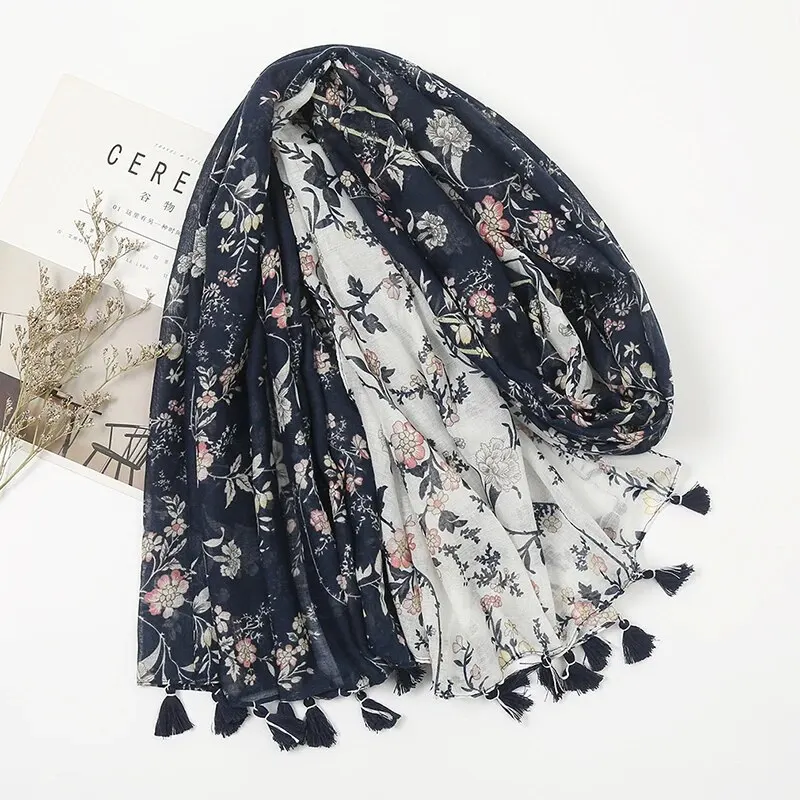 Women Cotton Linen Scarf Floral Print Tassel Shawl Vintage Patchwork Viscose Muffler Fashion Decoration 180*90cm