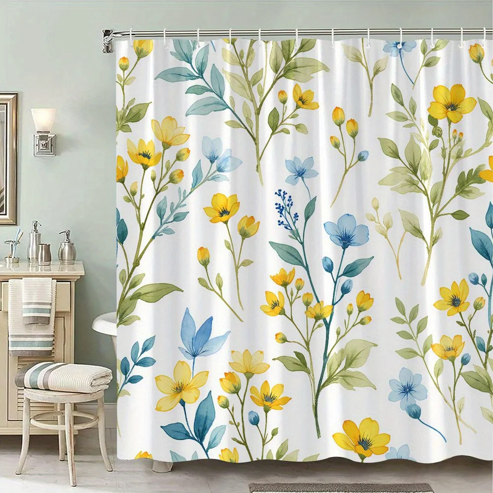 

«Очаровательная водонепроницаемая занавеска для душа с цветочным принтом, желтый и синий цветочный дизайн для элегантного декора ванной комнаты»