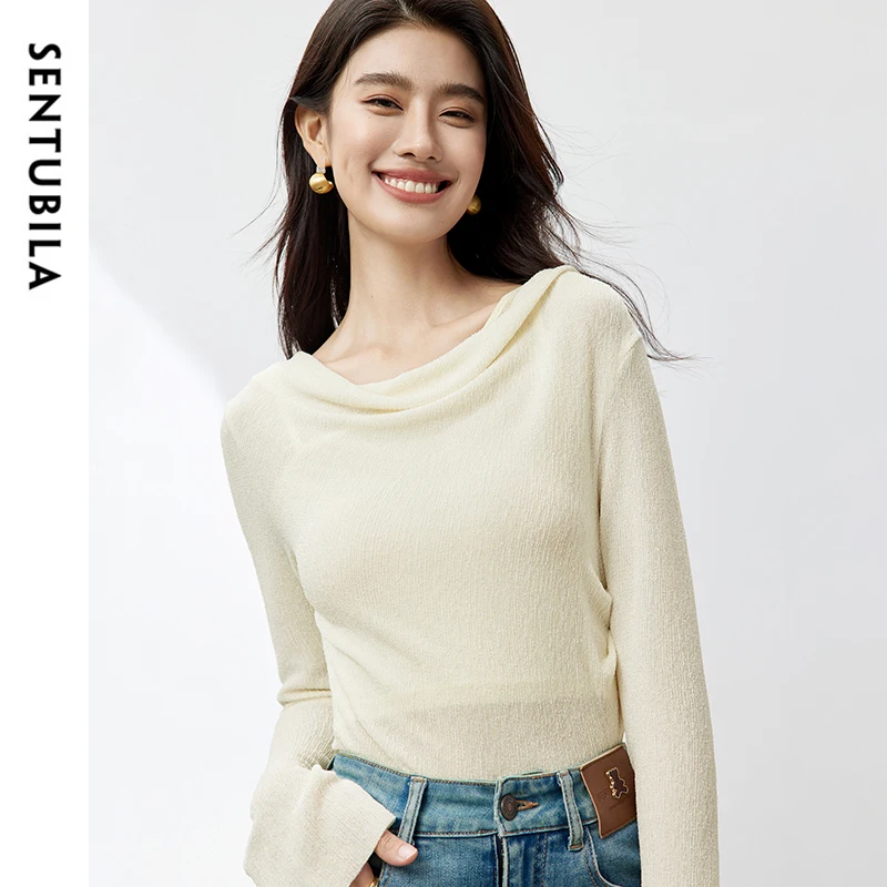 SENTUBILA French Style Knit 2 Piece Set Women 2024 Autumn Wave Collar Long Sleeve Tops Irregular Vest Women Pullover 143H57609X