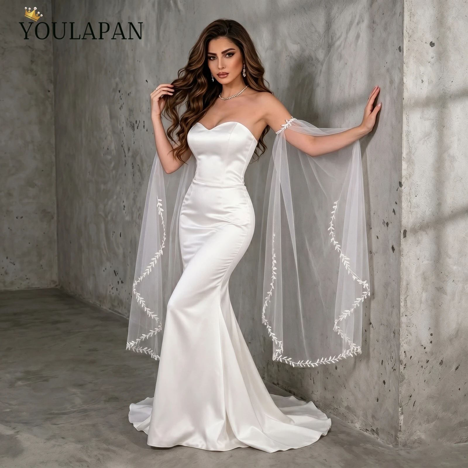

TOPQUEEN VM31 Wedding Banquet Accessories Bridal Elegant Off Shoulder Formal DIY Bolero Soft Yarn Leaves Detachable Long Sleeve