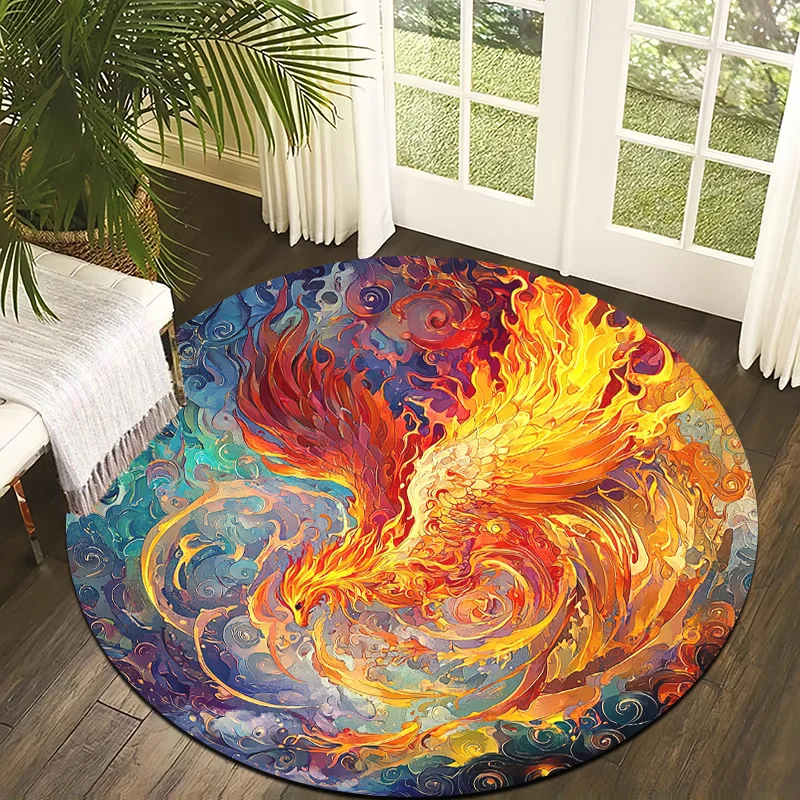 Phoenix Flame Theme Flannel-printed round floor mats are slip-resistant Suitable for living room bedroom terrace garden carpets