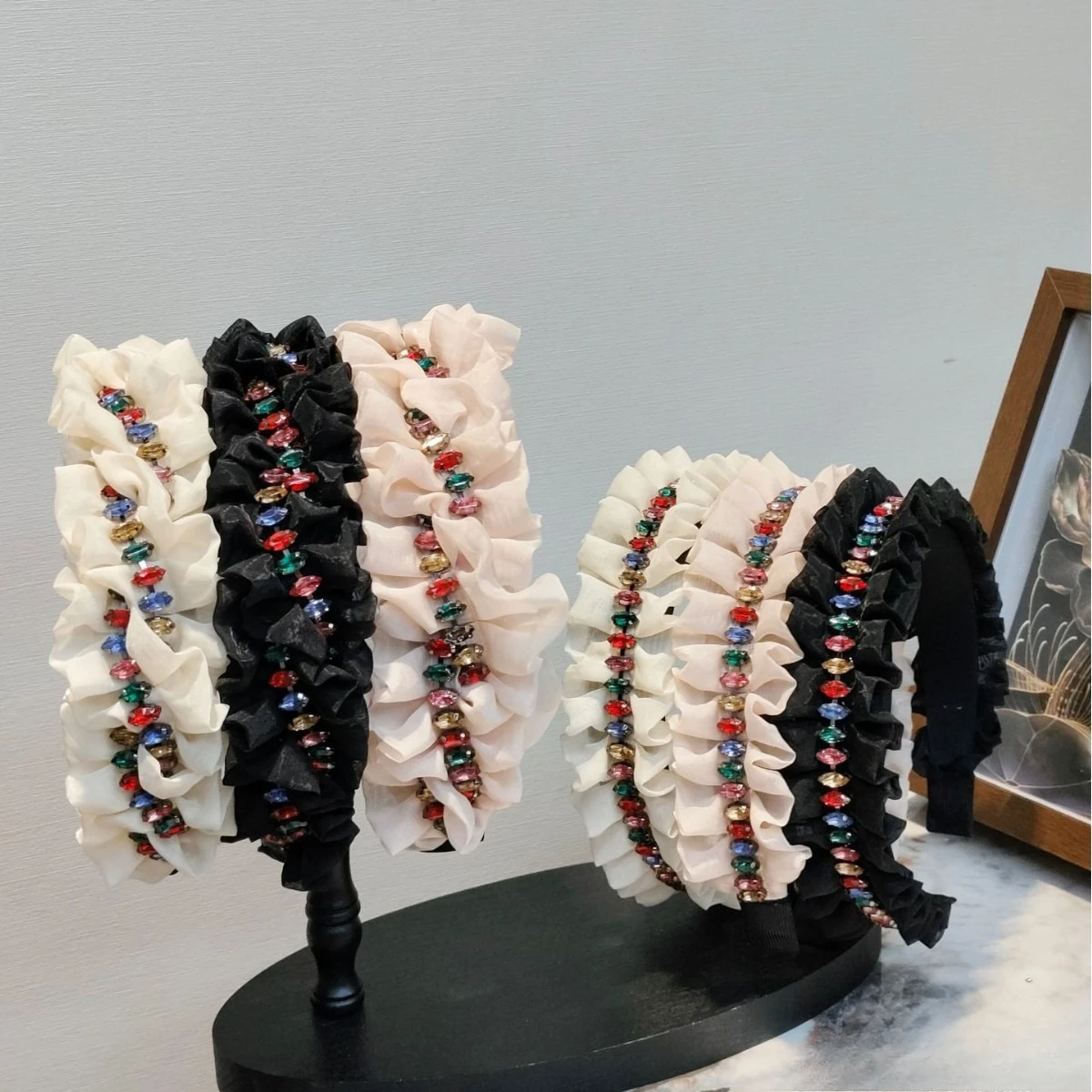 

Korean Fashion Original Organza Lace Braided Colorful Rhinestone Lace Headband Exquisite Hair Accessory