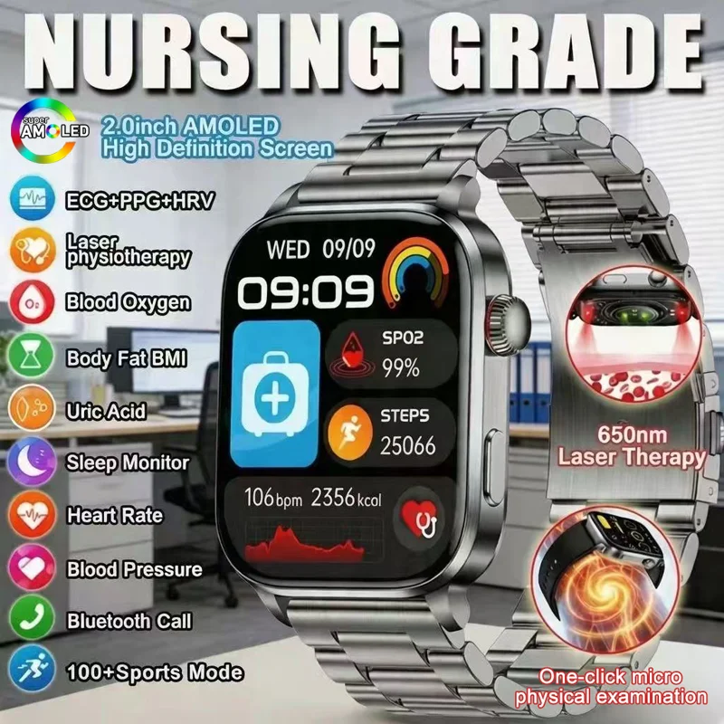 2026 New Model Men Smart Watch 650 Nanometer Dual Probe Laser Health Therapy Uric Acid Lipid ECG Women's Health Men Smart Watch