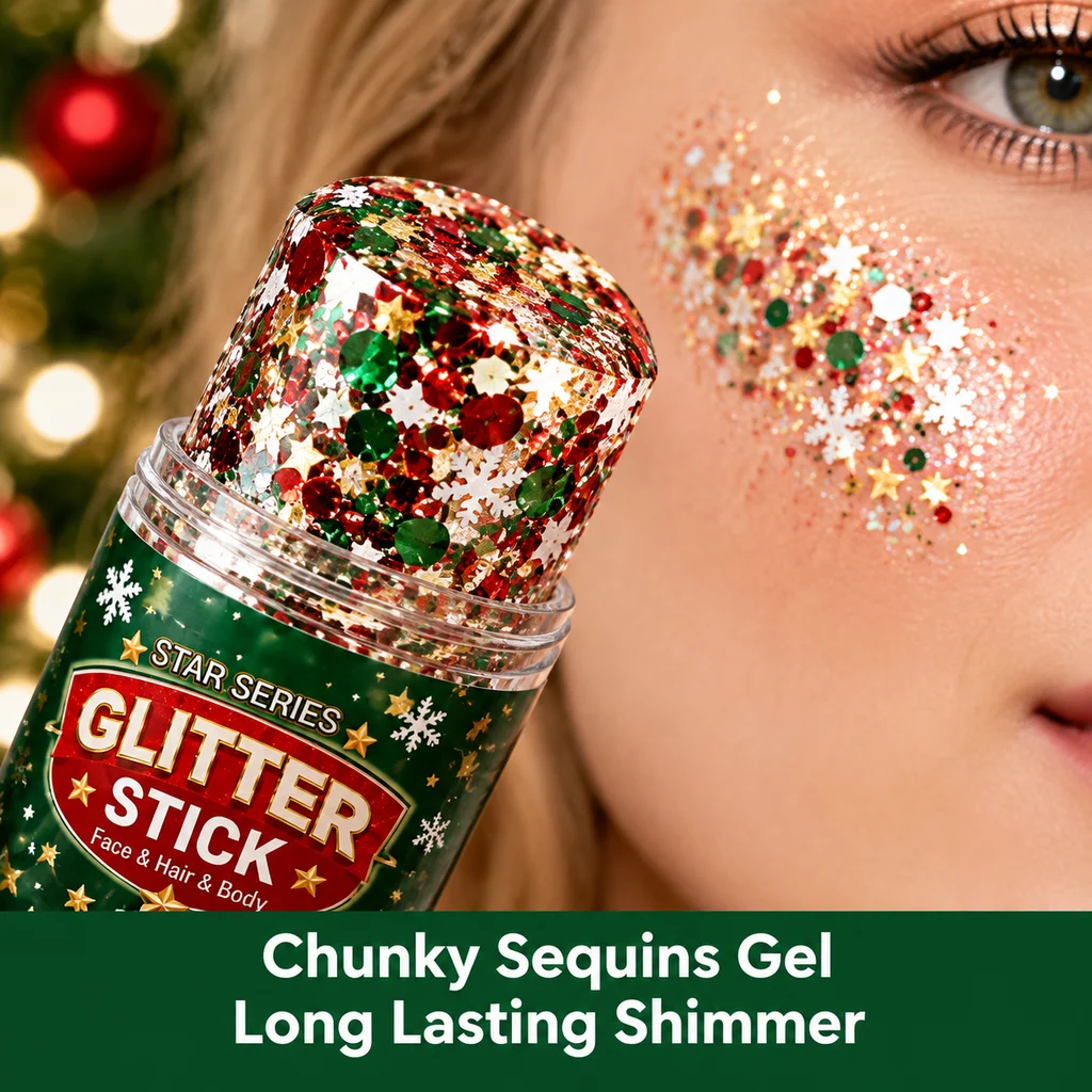 Christmas Glitter Stick Face Hair Body Shimmer Makeup Holiday Party Festival Fine Sparkle Twist Up Balm Portable Women 15g