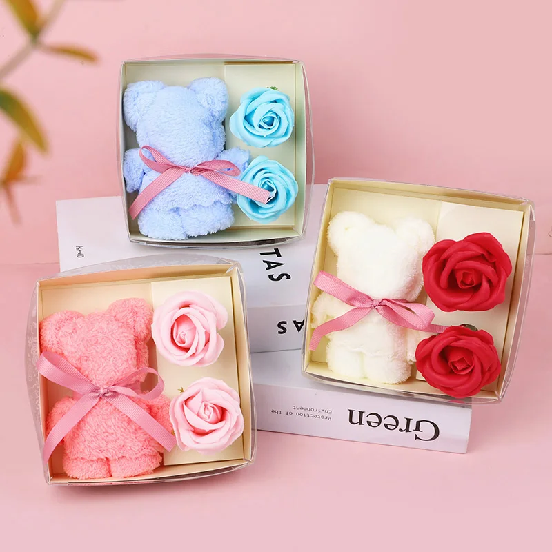 

Bear Towel Rose Flower Gift Box Soap Fragrance Happy Every Day Presents Valentine's Day Wedding Birthday Festival Gift