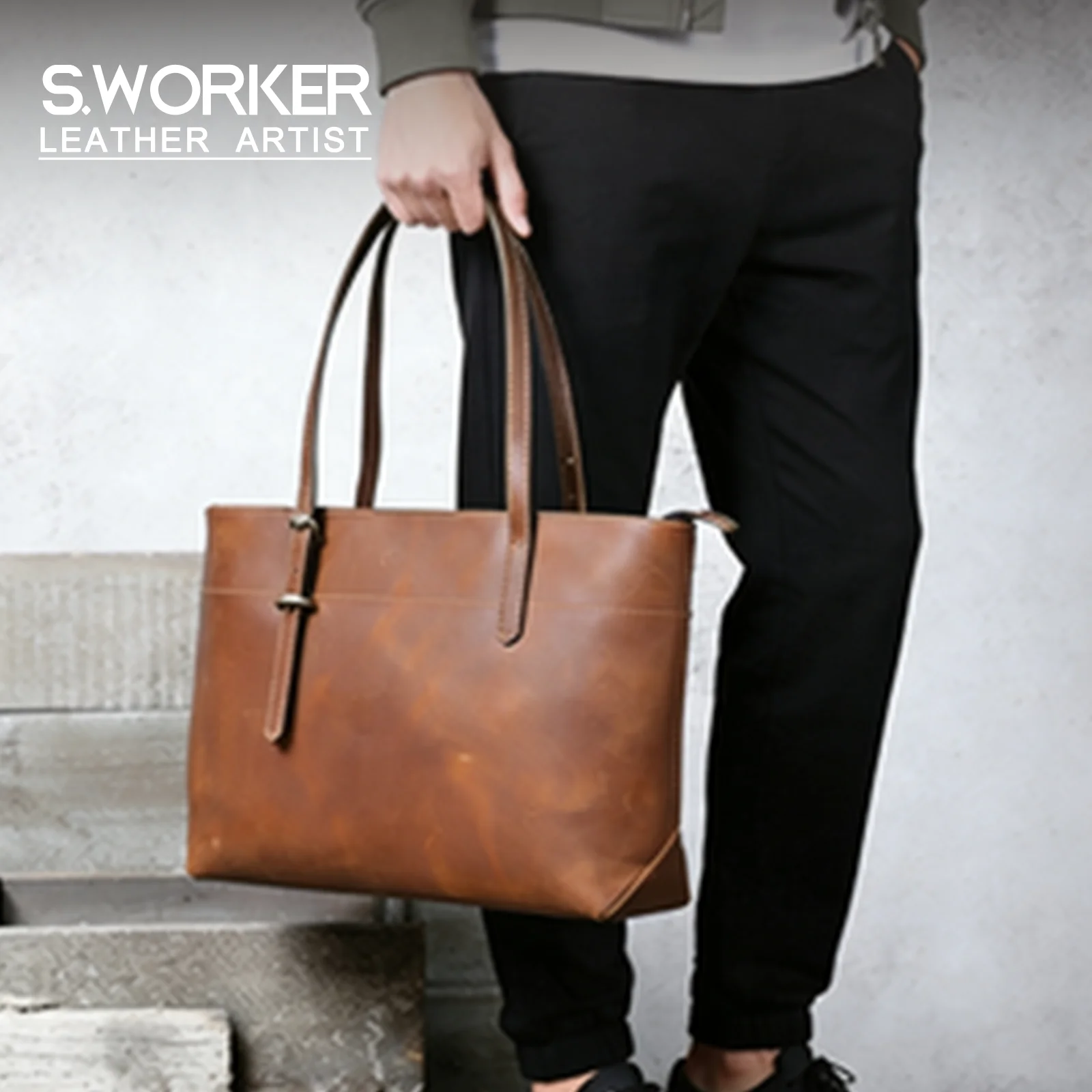 S.WORKER Retro-Umhängetasche aus Vollnarbenleder | Vintage Herren-Umhängetasche für Arbeit & Reisen – Detail 2
