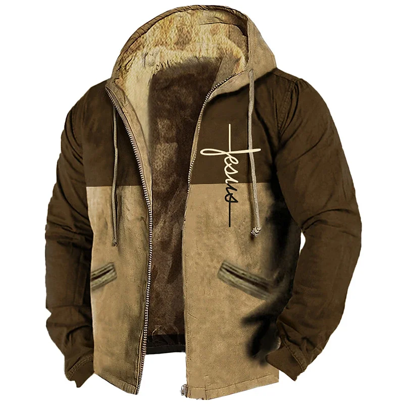 Winterjassen voor heren Fleeced herenjassen Opvulling Windjack Jezus Christus print Hoodies met rits Parka's Warme bovenkleding Sweatshirt