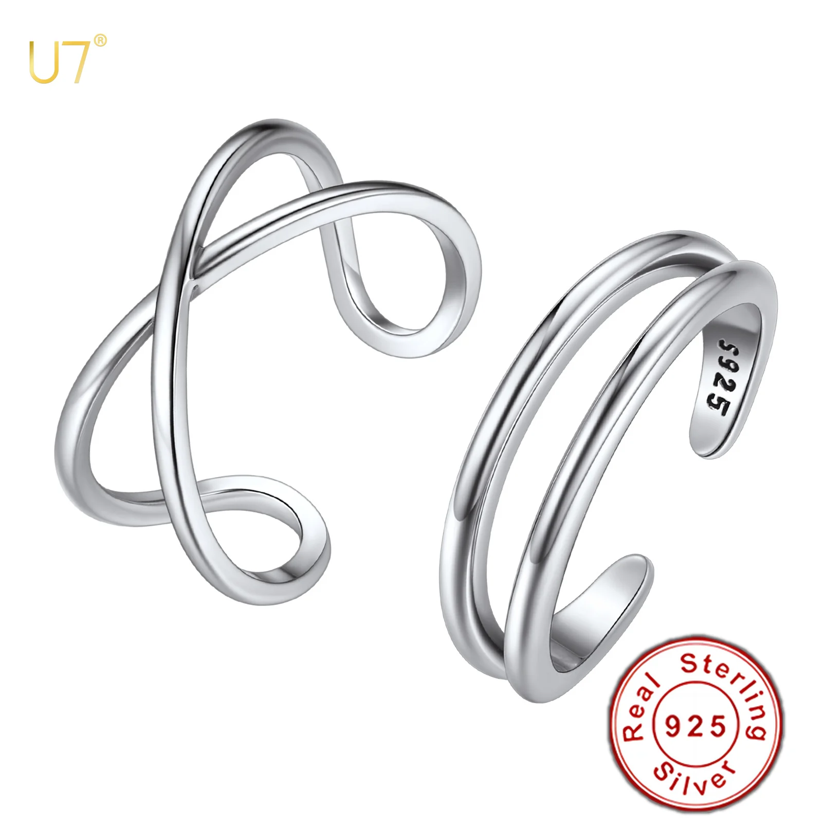 

U7 2pcs/set 925 Sterling Silver Toe Ring Cuff for Women Wrapped Cable Cross Cuff Rings Set Adjustable Stackable Beach Jewelry