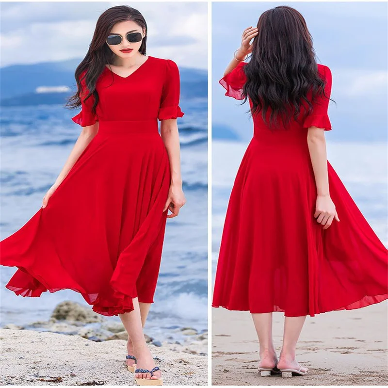 Summer Boho Chiffon Fairy A-Line Holiday Dress For Woman 2024 New Elegant Fashion Modest Beachwear Travel Elegant Streetwear