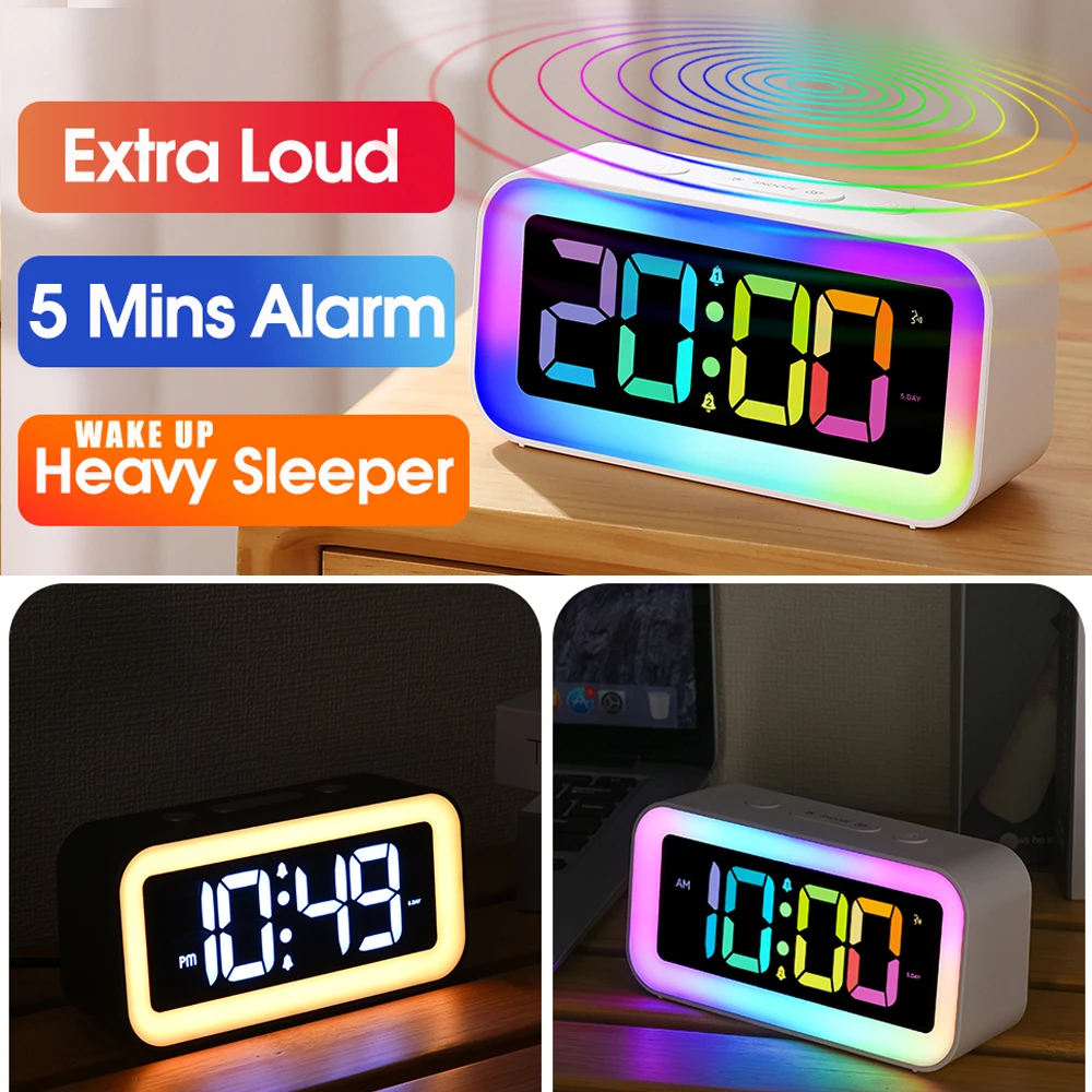 Digital LED Alarm Clock with Colorful RGB Night Light and Various Display Modes. Smart Sound Activated Backlight.Home Decoration