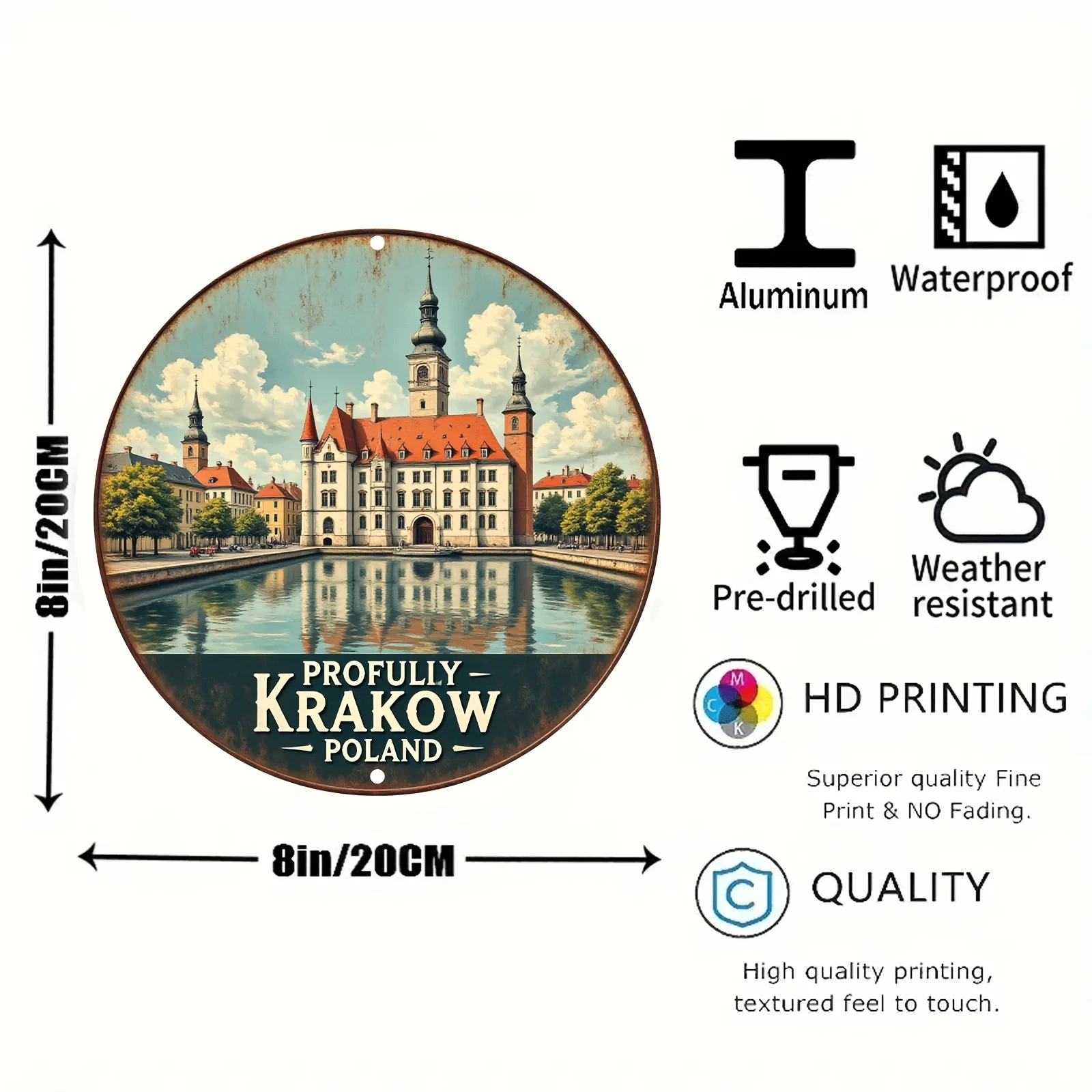 Vintage Aluminum Wall Art - Charming Krakow, Poland, with Historical Architecture and Tranquil Water Features, Perfect for Home, Office,