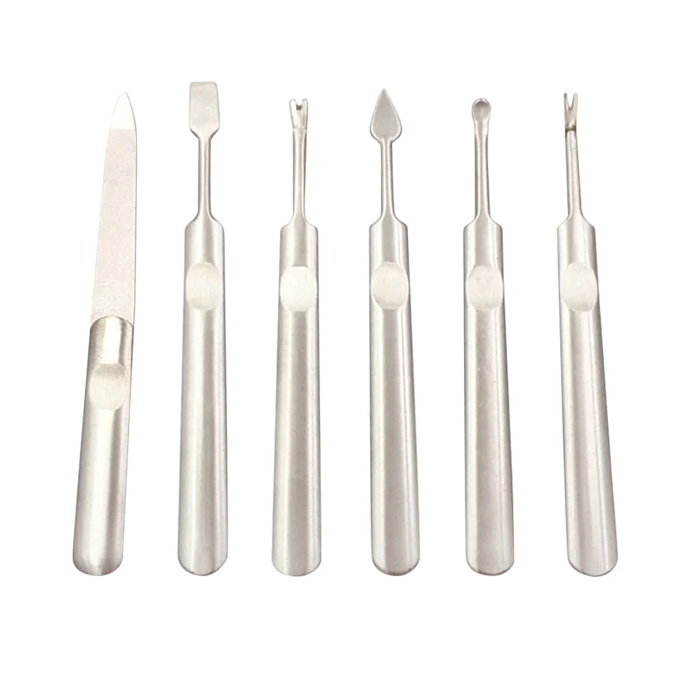 1 conjunto de ferramentas para arte em unhas, aço inoxidável, lixa, empurrar pele morta, garfo, cabo longo, profissional, aparador de cutícula, removedor prático