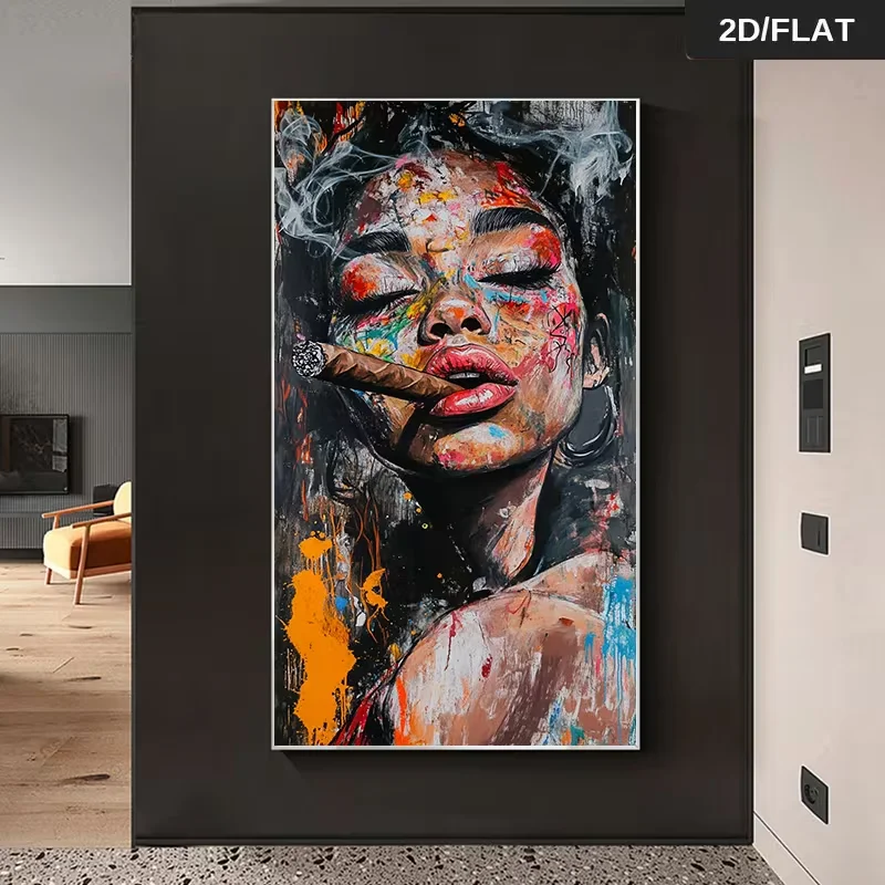 2D Flat, 2D Flat 1pc 31.49*62.99in/80cm*160cm Modern Abstract Frameless Abstract Portrait of a Woman Smoking a Cigar Print Art W