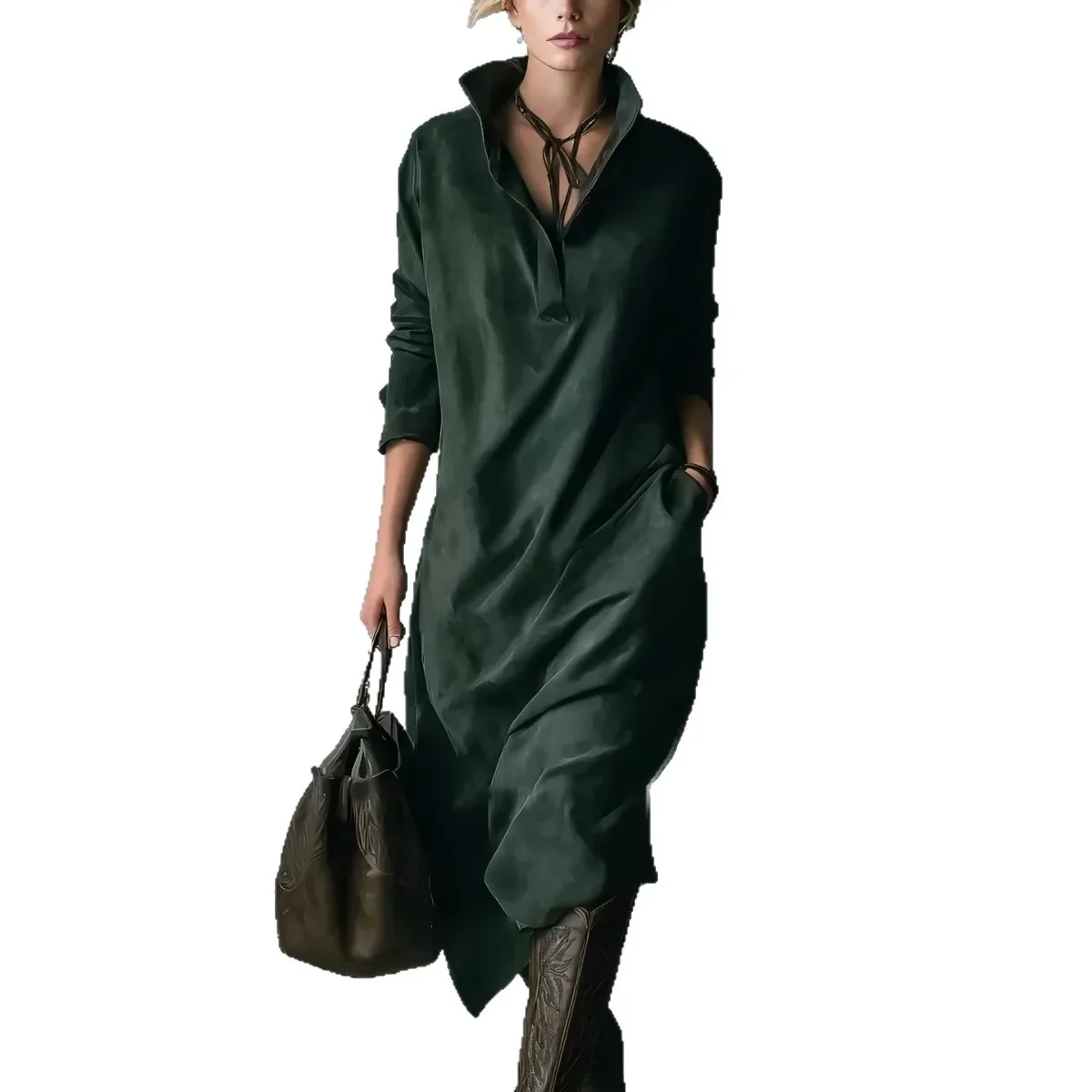 Casual Loose Long Sleeved Mid Length Dress Women 2025 Autumn Winter Solid Color High Collar Elegant Dresses