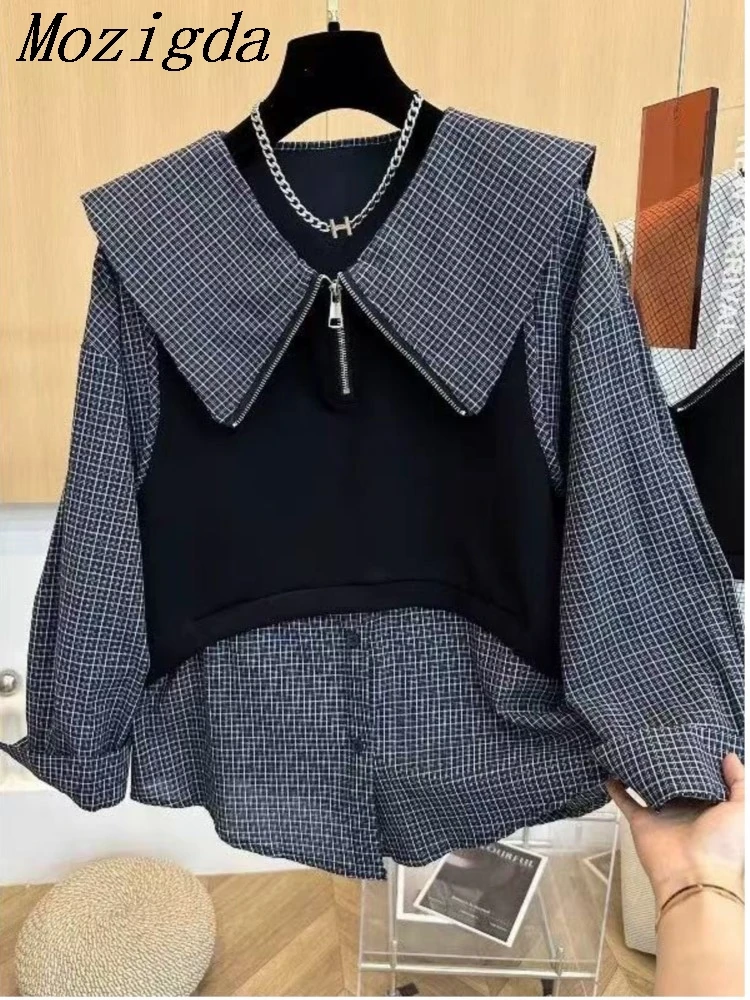 

Autumn Fake Two Piece Set Plaid Shirt Blouse Women Korean Fashion Puff Sleeve Loose Woman Shirt Ladies Tops Blusa Feminina