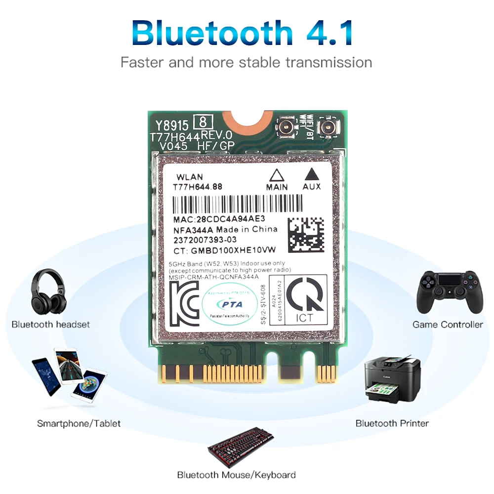 QCNFA344A 867Mbps 802.11AC For Bluetooth 4.1 WLAN Wireless WiFi Card Qualcomm Atheros QCNFA344A Dual Band Wi-Fi NGFF M.2 Card