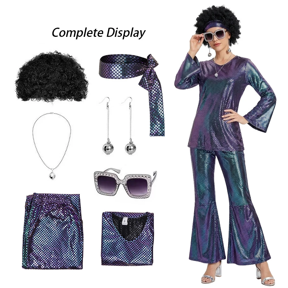 Ladies' Halloween disco party 70s disco costume set including top pants sunglasses necklace earrings and wig role-playing view 4