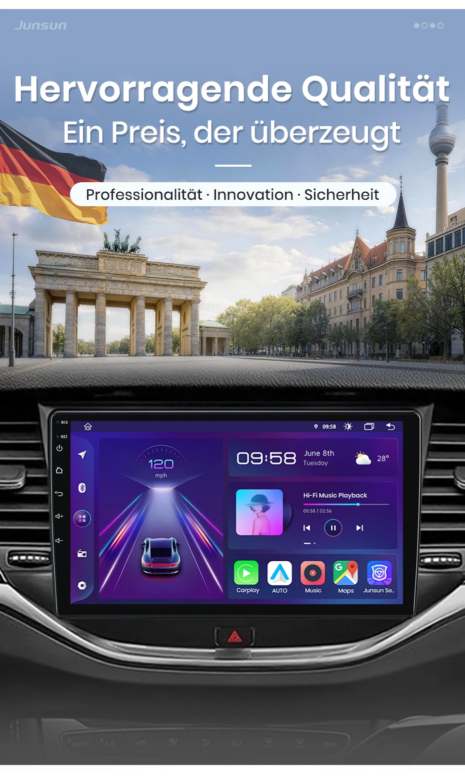 Junsun 9-Zoll Android 15 Autoradio für Opel Astra K 2015-2019, kabelloses Apple CarPlay, Auto-IPS-Touchscreen, Stereo-Multimedia-Videoplayer, intelligente Fahrzeugsysteme, 2-DIN-Autoradio-Haupteinheit, GPS-Navigation, BT, 4G, WLAN, 8-Kern-Prozessor, FM, AM, DSP, RDS, SWC, DAB – Detail 2