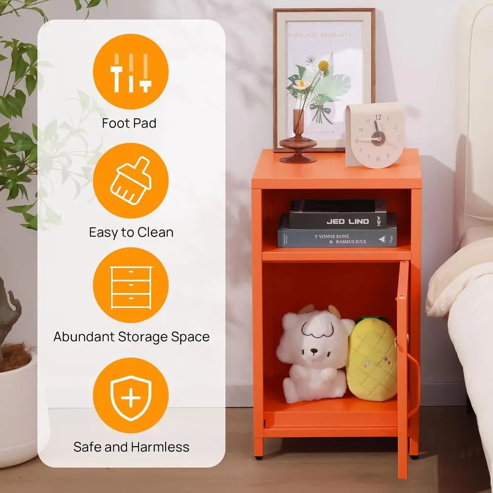 개방형 선반이 있는 현대적인 잠금식 금속 침대 옆 탁자, 가정 또는 사무실용 다용도 사이드 테이블, 오렌지색, 높이 26