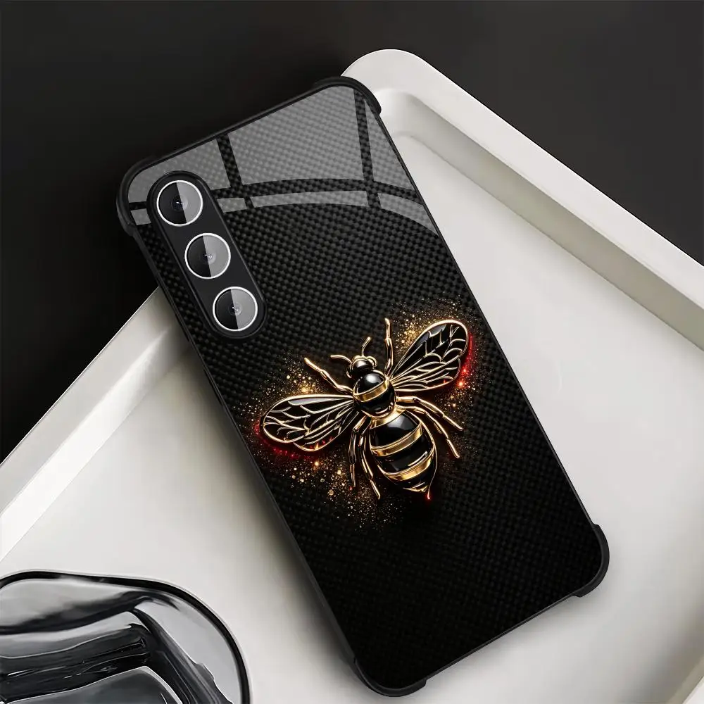 Golden Bee Carbon Fiber Fashion Exquisite HD glass phone case for Samsung Galaxy S26 S25 S24 S23 S22 FE,Ultra,Plus Dropresistant