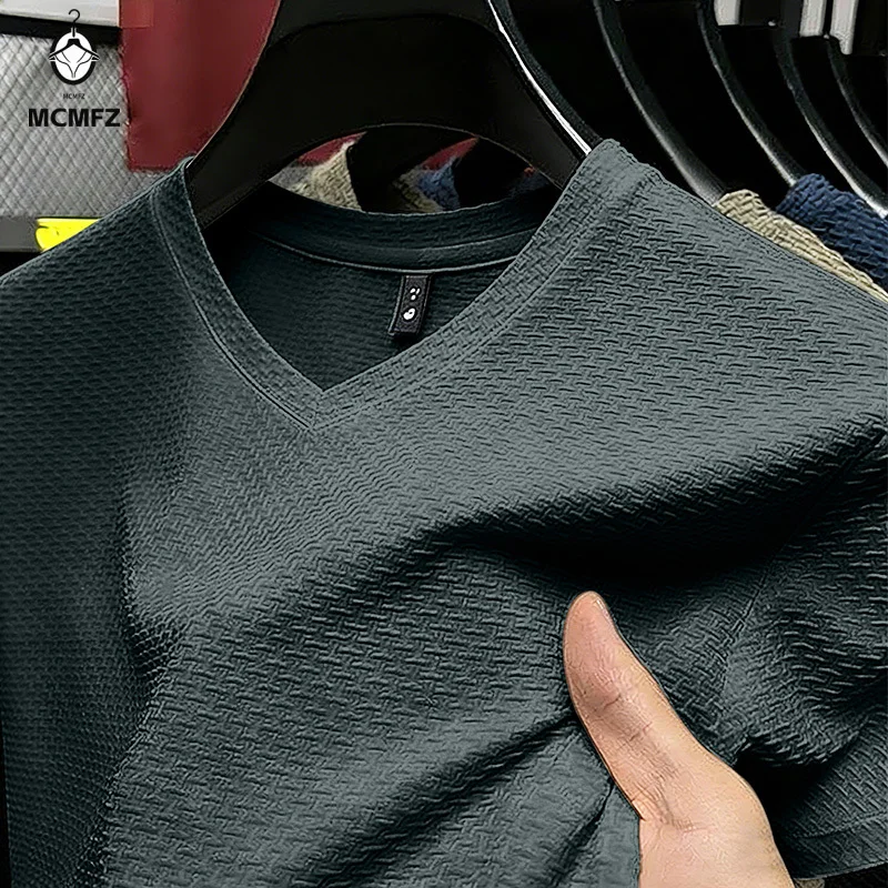 Sommer Herren Eisseide V-Ausschnitt T-Shirt Kurzarm Atmungsaktiv Nahtlos Lässige Herrenbekleidung