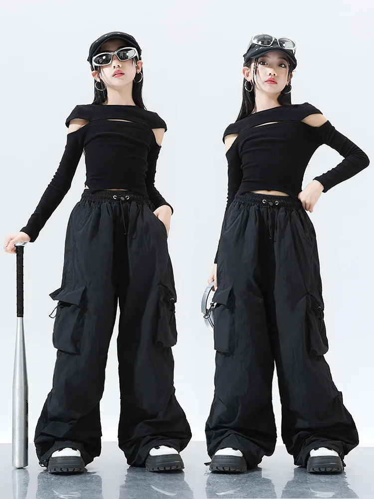 

2024 Jazz Dance Stage Costume Girls Kpop Hip Hip Dance Clothes Street Dance wear Girls Fashion Clohtes Black Tops Shuffle Pants