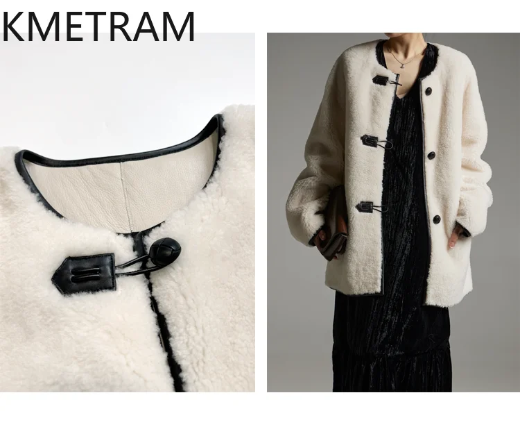 معطف فرو صوف ميرينو طبيعي 100% من KMETRAM سترة نسائية متوسطة الطول من الفرو الحقيقي للخريف والشتاء ملابس كبيرة الحجم 2025 أربعة نسائية