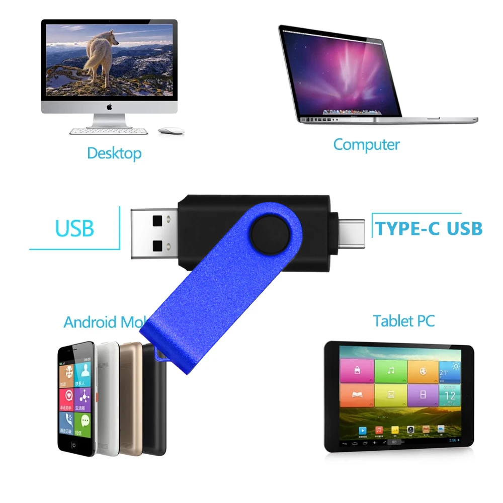 High Speed Metal TYPE-C 2 IN 1 Type C USB Flash Drives 128GB Pendrive usb key Usb Stick 2.0 64GB 32GB 16G Pen Driver Cle usb