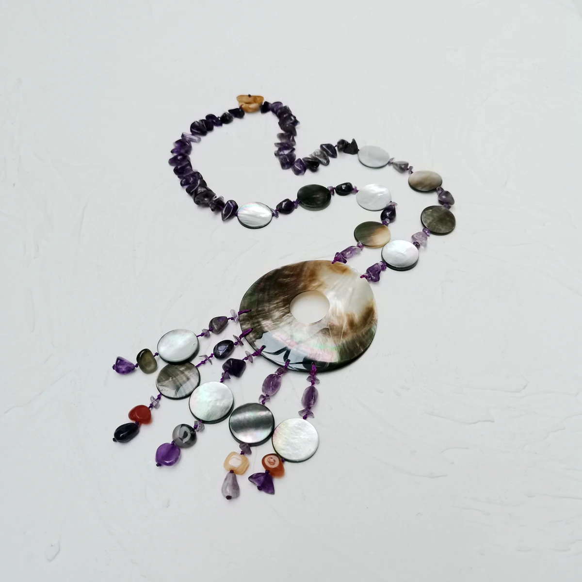 Lii Ji Real Stone Amethyst Shell Mother of Pearl Carnelian Tassels Necklace 60cm Statement Big Necklace