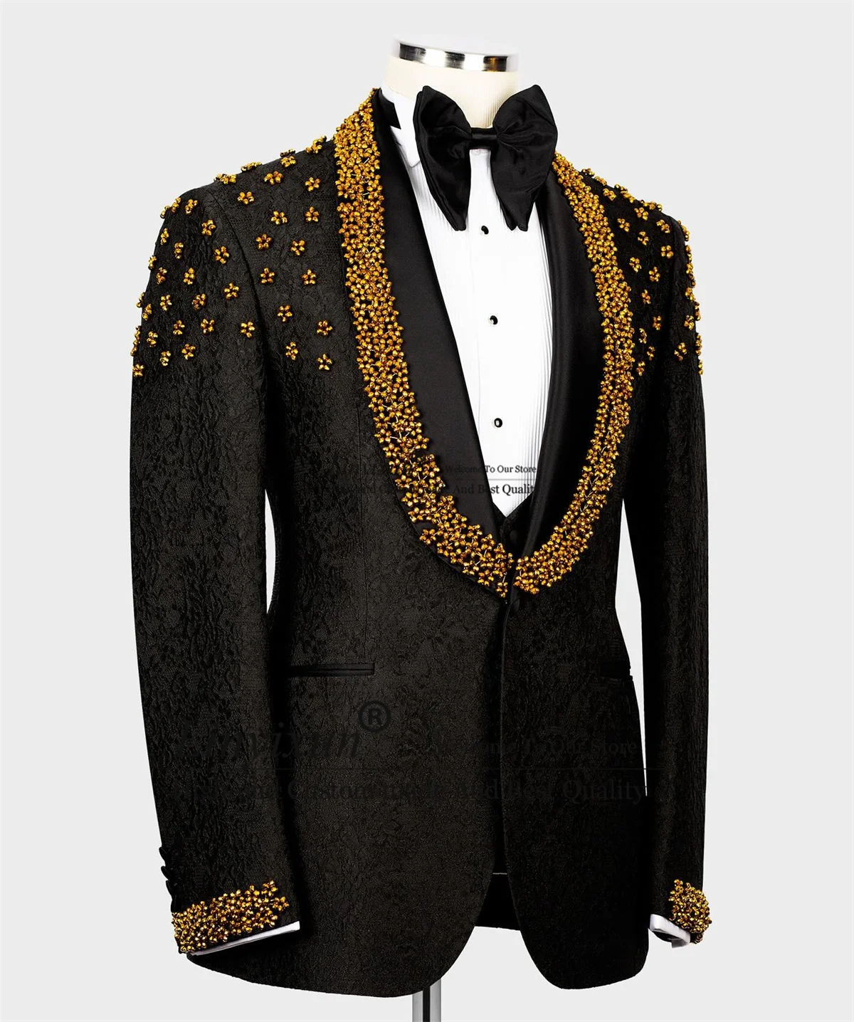 Fashion Jacquard Men Suit Luxury Gond Gem Pearls Groom Tuxedos 2 Pieces Sets Male Prom Party Blazers Slim Wedding Costume Homme