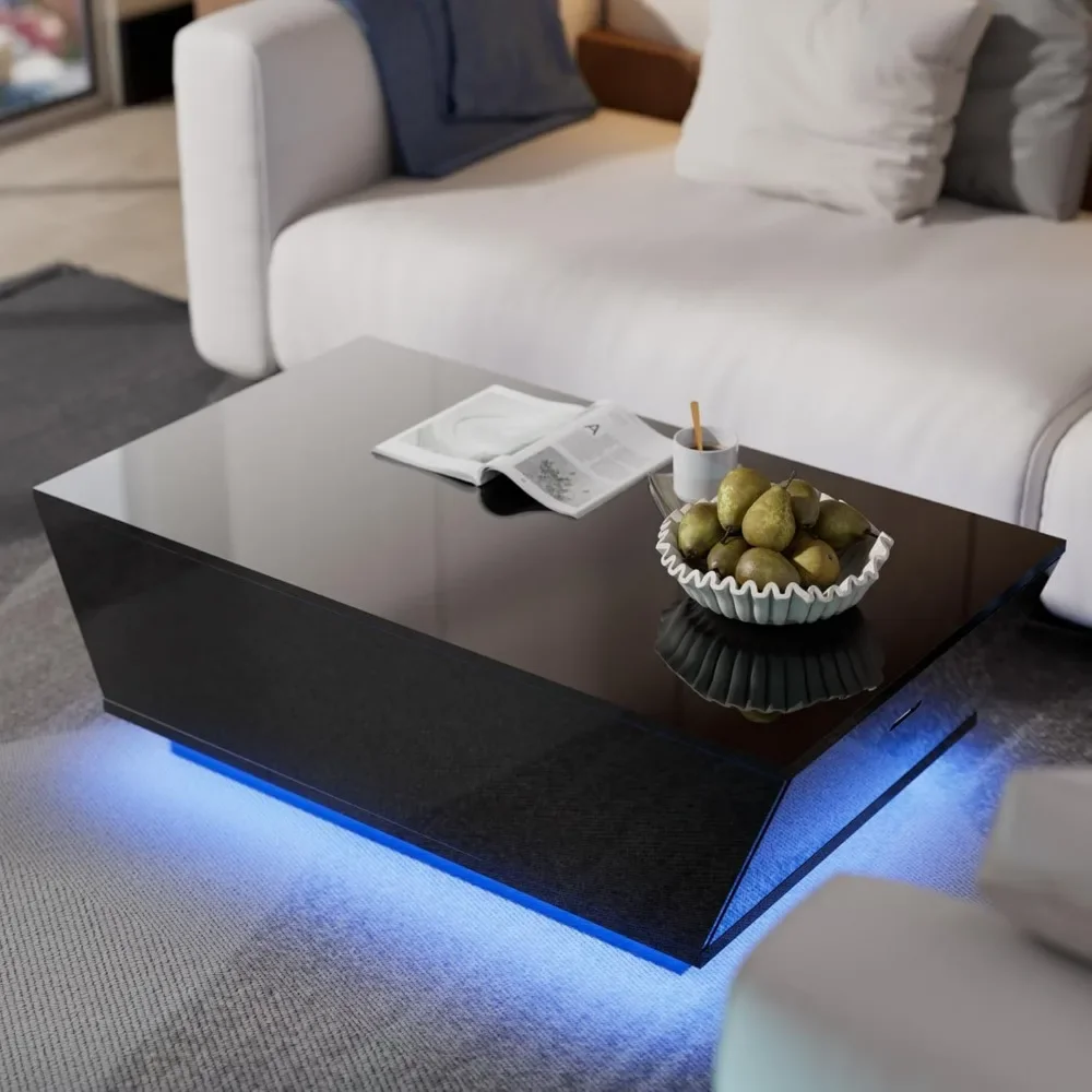 41" Black Modern Coffee Table with 12-Color LED Lights,High Gloss Contemporary Center Table with 2 Storage Drawers f