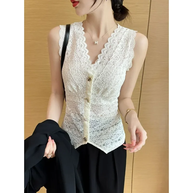 Women's Inner Suspender Lace Vest French Temperament Outer Wear Fashionable V-neck Slightly Transparent Sleeveless Top
