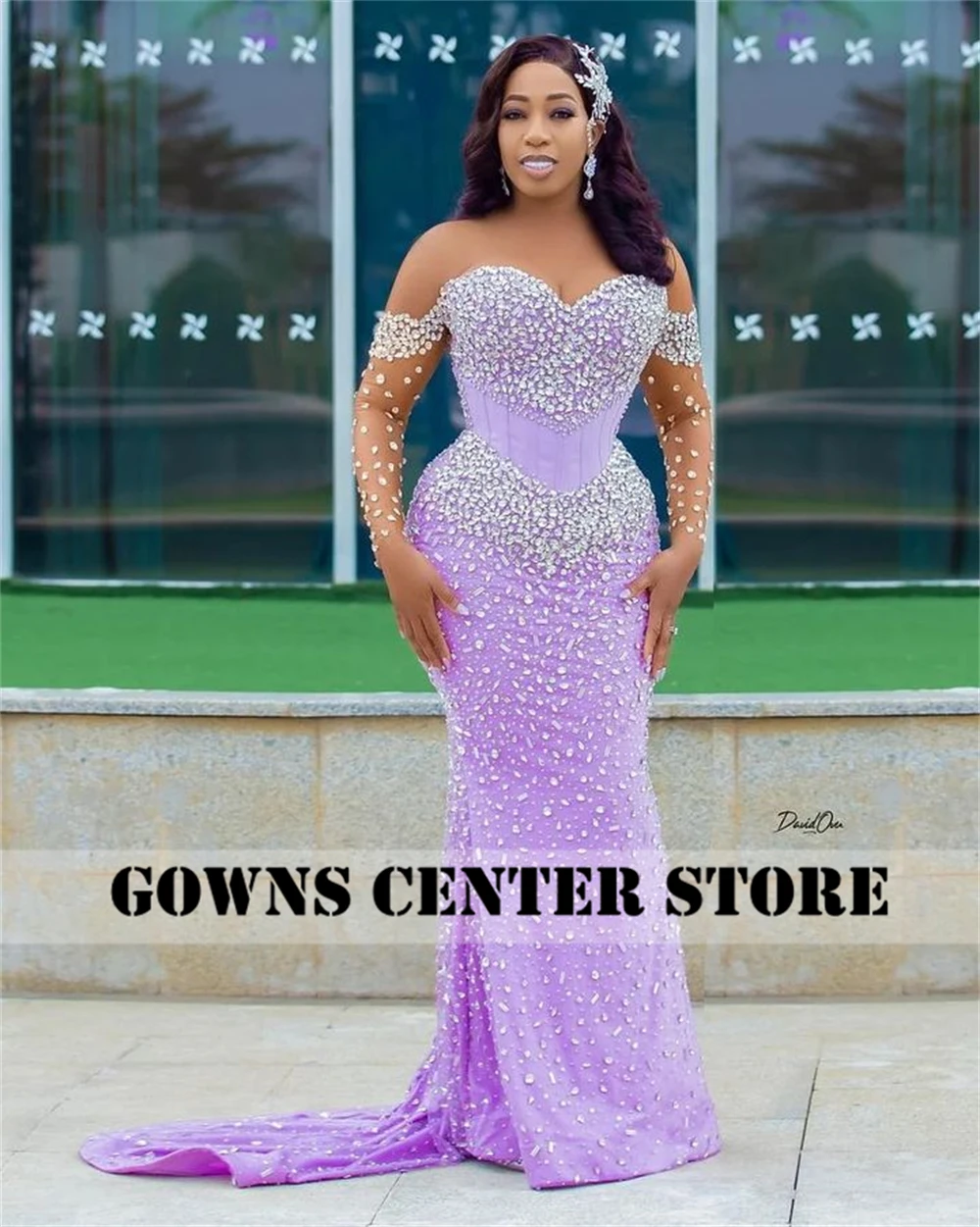 Lilac Off Shoulder Sliver Crystal Beaded Three Quarter Sleeve Aso Ebi Evening Dresses Party Wedding Mermaid African Customized